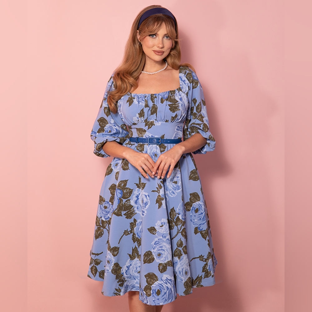 Vixen by Micheline Pitt Vacation Dress in Sunset Blue Roses, Size 2XL EUC